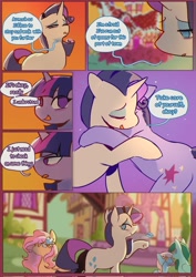 Size: 1448x2048 | Tagged: safe, artist:piesinful, linky, rarity, sassaflash, shoeshine, spring melody, sprinkle medley, twilight sparkle, oc, pony, unicorn, comic:unlucky day, fanfic:cupcakes, g4, comic, dialogue, female, hug, mare, ponyville, speech bubble, sugarcube corner, unicorn twilight, waving