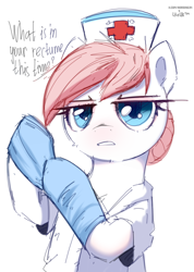 Size: 1182x1662 | Tagged: safe, artist:nording, artist:uteuk, nurse redheart, earth pony, pony, g4, clothes, engrish, female, gloves, hat, hoof hold, looking at you, mare, nurse hat, nurse outfit, proctology, simple background, white background