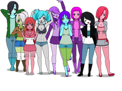 Size: 800x600 | Tagged: safe, artist:equestriagurl77, oc, oc only, oc:cerise, oc:chilly flake, oc:heidi charming, oc:key lime, oc:lola highlight, oc:murasaki ume, oc:rhythm sound, oc:sugar high, oc:tide, human, equestria girls, g4, boots, bra, clothes, crop top bra, denim, group, jacket, jeans, kisekae, pants, sandals, shirt, shoes, shorts, simple background, skirt, socks, solo, stockings, thigh highs, transparent background, underwear, vest