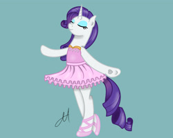 Size: 5000x4000 | Tagged: safe, artist:yinmai, rarity, pony, unicorn, semi-anthro, g4, ballerina, ballet, ballet slippers, bipedal, clothes, cute, dancing, eyes closed, eyeshadow, hoof heart, horn, makeup, raribetes, raririna, simple background, smiling, solo, teal background, tutu, underhoof