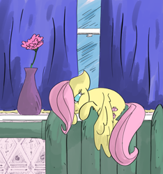 Size: 2251x2400 | Tagged: safe, artist:ponny, fluttershy, pegasus, pony, g4, :<, behaving like a cat, cold, colored, curtains, drawthread, female, filly, filly fluttershy, flower, foal, indoors, radiator, requested art, sleepy, solo, vase, wallpaper, window, younger