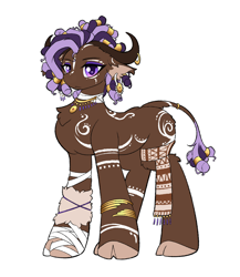 Size: 1820x2096 | Tagged: safe, artist:焰心fireworks, oc, oc only, oc:gallop horn, cow, cow pony, bandage, cloven hooves, ear piercing, earring, female, jewelry, piercing