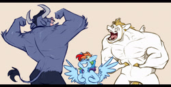 Size: 2048x1051 | Tagged: safe, artist:chub-wub, bulk biceps, iron will, rainbow dash, minotaur, pegasus, pony, g4, alternate design, beige background, bipedal, blonde mane, blonde tail, blue coat, blue fur, colored hooves, colored horns, curved horns, derp, ear piercing, earring, elbow fluff, eye clipping through hair, eyebrows, eyebrows visible through hair, eyes closed, facial hair, female, flexing, grin, height difference, hooves, horns, jewelry, male, mare, multicolored hair, multicolored mane, nose piercing, nose ring, open mouth, open smile, physique difference, piercing, rainbow hair, rear view, requested art, sideburns, simple background, size difference, smiling, spread wings, stallion, tail, teeth, tomboy, trio, unshorn fetlocks, white coat, wings, yellow eyes, yellow hooves