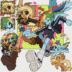 Size: 2000x2000 | Tagged: safe, artist:jwnn_, applejack, rainbow dash, earth pony, pegasus, pony, equestria girls, g4, alternate clothes, apple, applejack's hat, arm around neck, bandaid, belt, big eyes, blonde hair, blonde mane, blonde tail, blue skin, bomber jacket, boots, clothes, colored sclera, cowboy hat, denim, denim shorts, duo, duo female, emanata, eye clipping through hair, eyebrows, eyebrows visible through hair, eyelashes, eyes closed, female, flying, food, gray sclera, green eyes, hair tie, hat, high res, jacket, leg warmers, long arms, long hair, long legs, looking at you, magenta eyes, mare, multicolored hair, multicolored mane, open mouth, open smile, orange coat, orange skin, outline, passepartout, ponied up, ponytail, profile, rainbow, rainbow hair, rainbow tail, raised arm, rearing, running, shiny hair, shirt, shoes, shorts, simple background, slender, smiling, smiling at you, sneakers, spread wings, stetson, tail, tank top, thin, thin legs, three quarter view, tied hair, tied mane, tied tail, track jacket, wall of tags, white background, wings