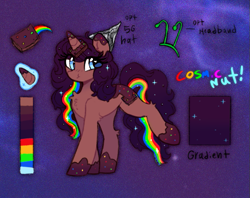 Size: 635x502 | Tagged: safe, artist:flixanoa, oc, oc only, oc:cosmic nut, pony, unicorn, alternate form, big eyes, birthday gift art, blue eyes, blue text, brown coat, brownie, chest fluff, coat markings, colored eartips, curly mane, curly tail, eye clipping through hair, eyelashes, female, female oc, food, gift art, gradient background, hat, headband, heart, heart eyes, hock fluff, horn, horn impalement, long mane, long tail, looking back, mare, mare oc, multicolored hair, open mouth, open smile, rainbow hair, rainbow tail, rainbow text, raised leg, reference sheet, smiling, socks (coat markings), solo, space background, sparkles, sparkly mane, sparkly tail, standing on three hooves, tail, text, three quarter view, tinfoil hat, unicorn oc, wingding eyes