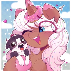 Size: 722x722 | Tagged: safe, artist:flixanoa, oc, oc only, oc:donut daydream, dog, pony, unicorn, big eyes, blue eyes, blush lines, blush scribble, blushing, brown coat, bust, chest fluff, cloud, coat markings, colored eartips, commission, cute, donut, eye clipping through hair, eyebrows, eyebrows visible through hair, eyelashes, female, female oc, floating heart, food, gradient background, heart, heart eyes, hoof hold, horn, horn impalement, icon, leg fluff, long mane, looking at something, mare, mare oc, open mouth, open smile, passepartout, portrait, profile picture, puppy, shoulder fluff, sky background, smiling, socks (coat markings), solo, sparkles, sprinkles in mane, unicorn oc, white mane, wingding eyes