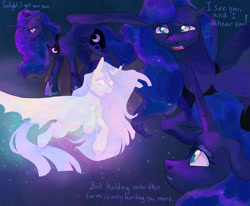 Size: 1700x1400 | Tagged: safe, artist:abbytabbys, princess luna, twilight sparkle, alicorn, pony, fanfic:broken destiny, g4, alternate universe, artificial horn, artificial wings, augmented, blank eyes, blue coat, blue eyeshadow, blue mane, blue tail, blue text, broken destiny au, colored eyebrows, colored hooves, corrupted, corrupted twilight sparkle, crown, crying, dialogue, duo, duo female, ethereal body, ethereal horn, ethereal mane, ethereal tail, ethereal wings, eyelashes, eyeshadow, fanfic art, feathered wings, female, floppy ears, flowing mane, flowing tail, flying, frown, glowing, glowing body, glowing horn, glowing mane, glowing tail, glowing wings, gradient background, gradient mane, gradient tail, hoof shoes, hooves, horn, jewelry, long horn, long mane, long tail, looking at each other, looking at someone, magic, magic eyes, magic horn, magic wings, makeup, mare, motion lines, open frown, open mouth, partially open wings, peytral, princess shoes, profile, purple coat, purple hooves, purple mane, purple tail, regalia, shiny mane, shiny tail, sparkles, sparkly body, sparkly mane, sparkly tail, sparkly wings, starry mane, starry tail, straight mane, straight tail, sweat, tail, talking, teal eyes, three quarter view, trembling, twilight sparkle (alicorn), unicorn horn, unshorn fetlocks, unstable magic, white pupils, wings