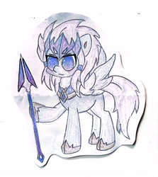 Size: 2679x3000 | Tagged: safe, artist:肝到驾崩, derpibooru exclusive, pegasus, pony, crossover, hoof hold, paper pony, spear, spread wings, traditional art, weapon, wings