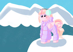 Size: 4093x2894 | Tagged: safe, artist:redfire-pony, oc, oc only, oc:tender sketch, alicorn, pony, alicorn oc, clothes, earmuffs, female, folded wings, horn, mare, mountain, outdoors, smiling, snow, snowfall, snowsuit, solo, wings, winter, winter outfit