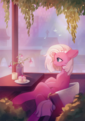 Size: 1748x2480 | Tagged: safe, artist:ksoreek, fuchsia frost, earth pony, pony, g4, balcony, chair, female, flower, flower pot, food, friendship student, mare, outdoors, plate, sitting, solo