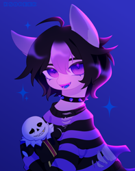 Size: 1784x2268 | Tagged: safe, artist:ksoreek, oc, oc only, earth pony, pony, choker, clothes, commission, fangs, gradient background, looking at you, open mouth, plushie, sans (undertale), sparkles, spiked choker, underfell, undertale