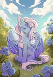 Size: 1692x2452 | Tagged: safe, artist:ksoreek, oc, oc only, pegasus, pony, band-aid, band-aid on nose, cloud, countershading, eyes closed, female, flower, grass, mare, outdoors, partially open wings, pegasus oc, sitting, sky, solo, wings