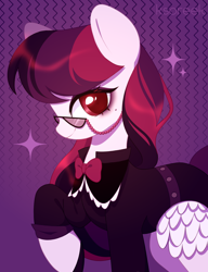 Size: 1888x2464 | Tagged: safe, artist:ksoreek, oc, oc only, pony, abstract background, beauty mark, clothes, commission, female, glasses, glasses chain, gradient background, looking at you, mare, smiling, smiling at you, solo, sparkles