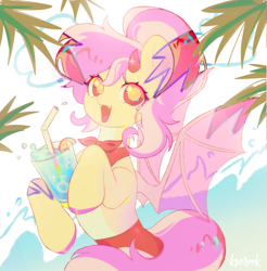 Size: 1908x1940 | Tagged: safe, artist:ksoreek, oc, oc only, pony, bat wings, bikini, clothes, drink, drinking straw, fangs, female, horns, looking at you, mare, open mouth, solo, spread wings, swimsuit, wings