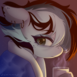 Size: 1500x1500 | Tagged: safe, artist:ksoreek, oc, oc only, pony, clothes, commission, drink, ear piercing, earring, female, jewelry, mare, mug, piercing, solo