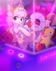 Size: 1407x1779 | Tagged: safe, artist:ksoreek, oc, oc only, earth pony, original species, plush pony, pony, beanie, claw machine, commission, female, hat, mare, paws, plushie, solo, stitched body, stitches