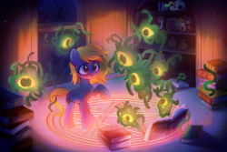 Size: 3000x2000 | Tagged: safe, artist:ksoreek, oc, oc only, earth pony, pony, book, eyeball, indoors, magic, magic circle, mushroom, open mouth, open smile, skull, smiling, spellbook