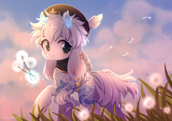 Size: 2200x1550 | Tagged: safe, alternate version, artist:ksoreek, oc, oc only, pony, bunny ears, coat markings, dandelion, horns, male, outdoors, solo, stallion