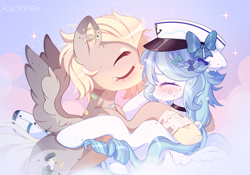 Size: 2000x1400 | Tagged: safe, artist:ksoreek, oc, oc only, pegasus, pony, band-aid, blushing, bow, cap, choker, clothes, commission, duo, ear piercing, earring, female, forehead kiss, hair bow, hat, jewelry, kissing, lesbian, oc x oc, peaked cap, piercing, shipping, socks, spread wings, wings