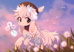 Size: 2200x1550 | Tagged: safe, artist:ksoreek, oc, oc only, pony, bunny ears, coat markings, dandelion, horns, male, outdoors, solo, stallion