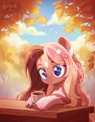 Size: 1560x2000 | Tagged: safe, artist:ksoreek, oc, oc only, insect, ladybug, pony, autumn, brown coat, cloud, coat markings, coffee cup, commission, cup, cute, ear markings, facial markings, female, flower, flower in hair, forest, half body, hooves on the table, mare, nature, outdoors, pale belly, sky, smiling, socks (coat markings), solo, star (coat marking), tree, unshorn fetlocks, wingding eyes