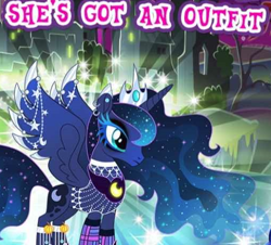 Size: 508x460 | Tagged: safe, gameloft, princess luna, alicorn, pony, unicorn, g4, my little pony: magic princess, official, advertisement, captain obvious, clothes, concave belly, costs real money, cropped, crown, ear piercing, earring, edgy luna, english, eyeliner, eyeshadow, female, horn, jewelry, makeup, mare, meme, outdoors, peytral, piercing, regalia, slender, socks, solo, spread wings, tail, text, thin, wing jewelry, wings, wow! glimmer, you don't say