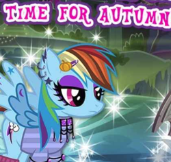 Size: 422x399 | Tagged: safe, gameloft, rainbow dash, pegasus, pony, g4, my little pony: magic princess, autumn, clothes, cropped, ear piercing, edgy, edgy rainbow dash, english, female, makeup, mare, meme, outdoors, piercing, socks, solo, spread wings, text, wings, wow! glimmer