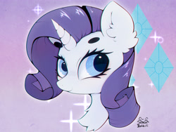 Size: 4000x3000 | Tagged: safe, artist:zokkili, rarity, pony, unicorn, g4, bust, chest fluff, cute, cutie mark background, ear fluff, eyebrows, eyelashes, female, high res, horn, looking at you, mare, portrait, signature, smiling, smiling at you, solo, sparkles