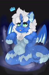 Size: 1960x2969 | Tagged: safe, artist:spooky_devilan, oc, oc only, oc:neptune the ice dragon king, dracony, dragon, hybrid, pony, hooves, horn, male, mane, partially open wings, smiling, solo, stallion, tail, tongue out, wings