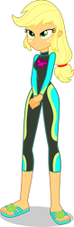 Size: 1287x3925 | Tagged: safe, alternate version, artist:dustinwatsongkx, applejack, human, equestria girls, g4, clothes, clothes swap, feet, female, fluttershy's wetsuit, hat, hatless, missing accessory, sandals, simple background, solo, swimsuit, swimsuit swap, transparent background, vector, wetsuit