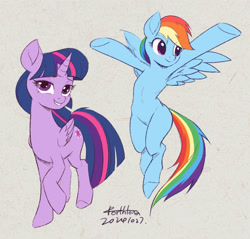 Size: 2676x2558 | Tagged: safe, artist:forthfona, rainbow dash, twilight sparkle, alicorn, pegasus, pony, semi-anthro, g4, armpits, belly, cute, dashabetes, duo, duo female, female, flying, folded wings, gray background, grin, hooves up, horn, humanoid torso, mare, raised hoof, simple background, smiling, spread wings, twiabetes, twilight sparkle (alicorn), underhoof, wings