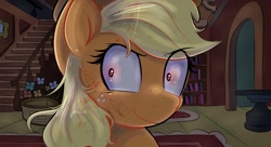 Size: 1980x1080 | Tagged: safe, artist:flutterpawss, applejack, earth pony, pony, fanfic:an apple sleep experiment, g4, blood, blood on face, eye clipping through hair, fanfic art, female, indoors, mare, smiling, solo, wide eyes