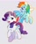 Size: 1684x2048 | Tagged: safe, artist:mazzyna, rainbow dash, rarity, pegasus, pony, unicorn, g4, duo, duo female, female, flying, gray background, horn, looking at each other, looking at someone, mare, one eye closed, one eye open, open mouth, raised hoof, simple background, spread wings, wings