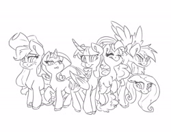 Size: 2048x1582 | Tagged: safe, artist:leadhooves, applejack, fluttershy, pinkie pie, rainbow dash, rarity, twilight sparkle, alicorn, earth pony, pegasus, pony, unicorn, g4, black and white, eyes closed, female, floppy ears, grayscale, horn, jumping, leonine tail, lineart, looking at you, mane six, mare, monochrome, raised hoof, smiling, smiling at you, spread wings, tail, twilight sparkle (alicorn), wings