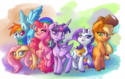 Size: 2048x1296 | Tagged: safe, artist:leadhooves, applejack, fluttershy, pinkie pie, rainbow dash, rarity, twilight sparkle, alicorn, earth pony, pegasus, pony, unicorn, g4, abstract background, colored pupils, female, floppy ears, heart, heart eyes, horn, jumping, kiss mark, leonine tail, lesbian, lipstick, looking at you, mane six, mare, raised hoof, ship:rarijack, shipping, smiling, smiling at you, spread wings, tail, twilight sparkle (alicorn), wingding eyes, wings