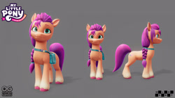 Size: 3840x2160 | Tagged: safe, artist:enrique cabanas, artist:kike, sunny starscout, earth pony, pony, g5, my little pony: a maretime bay adventure, official, 3d, 3d model, bag, behind the scenes, braid, braided ponytail, coat markings, concave belly, concept art, female, front view, gray background, hooves, logo, looking at you, mare, melbot studios, model, my little pony logo, outright games, ponytail, reference, reference sheet, saddle bag, scrunchie, side view, simple background, slender, smiling, smiling at you, socks (coat markings), solo, sunny's bag, thin, unshorn fetlocks