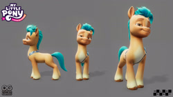 Size: 3840x2160 | Tagged: safe, artist:enrique cabanas, artist:kike, hitch trailblazer, earth pony, pony, g5, my little pony: a maretime bay adventure, official, 3d, 3d model, behind the scenes, belt buckle, concept art, front view, gray background, logo, looking at you, male, melbot studios, model, my little pony logo, outright games, pale belly, reference, reference sheet, sheriff, sheriff's badge, side view, simple background, smiling, smiling at you, smug, solo, stallion, unshorn fetlocks