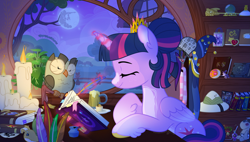 Size: 3533x2000 | Tagged: safe, artist:lovinglypromise, owlowiscious, phyllis, smarty pants, star swirl the bearded, twilight sparkle, whammy, alicorn, bird, owl, pony, g4, alicorn amulet, alternate hairstyle, base used, book, candle, celestial amulet, cider, cider mug, clothes, coat markings, coat rack, costume, crown, crystal ball, daring do book, deerstalker, dragon toenail, duo, duo male and female, eyes closed, facial markings, female, fetlock tuft, fire ruby, friendship journal, gem, glowing, glowing horn, griffon scone, hair bun, hat, horn, indoors, inkwell, jewelry, lofi girl, lofi hip hop radio - beats to relax/study to, magic, male, mare, mare in the moon, moon, mug, new crown, night, pale belly, philodendron, pith helmet, quill, regalia, ruby, scarf, scepter, sleeping, snip (coat marking), star swirl the bearded costume, star swirl's journal, striped scarf, telekinesis, twilight scepter, twilight sparkle (alicorn)