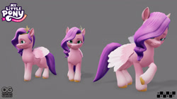 Size: 3840x2160 | Tagged: safe, artist:enrique cabanas, artist:kike, pipp petals, pegasus, pony, g5, my little pony: a maretime bay adventure, official, 3d, 3d model, adorapipp, behind the scenes, chubby, concept art, cute, female, folded wings, front view, gray background, jewelry, logo, looking at you, mare, melbot studios, model, my little pony logo, outright games, pipp is chubby, raised hoof, reference, reference sheet, side view, simple background, smiling, smiling at you, solo, sultry pose, tiara, unshorn fetlocks, wings