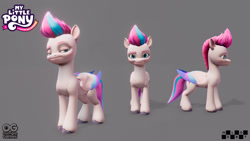 Size: 3840x2160 | Tagged: safe, artist:enrique cabanas, artist:kike, zipp storm, pegasus, pony, g5, my little pony: a maretime bay adventure, official, 3d, 3d model, behind the scenes, colored wings, concave belly, concept art, female, folded wings, front view, frown, gray background, lidded eyes, logo, looking at you, mare, melbot studios, model, multicolored wings, my little pony logo, outright games, raised hoof, reference, reference sheet, side view, simple background, slender, smiling, smiling at you, smug, smugzipp, solo, thin, unshorn fetlocks, wings