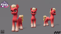 Size: 3840x2160 | Tagged: safe, artist:enrique cabanas, artist:kike, sprout cloverleaf, earth pony, pony, g5, my little pony: a maretime bay adventure, official, 3d, 3d model, behind the scenes, belt buckle, concept art, evil smile, front view, frown, gray background, grin, logo, looking at you, male, melbot studios, model, my little pony logo, outright games, reference, reference sheet, side view, simple background, smiling, smiling at you, solo, stallion, unshorn fetlocks