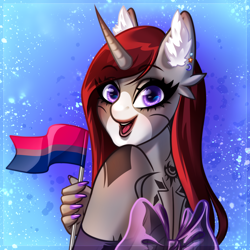 Size: 4092x4092 | Tagged: safe, artist:minamikoboyasy, oc, oc only, oc:selune darkeye, unicorn, anthro, anthro oc, bisexual pride flag, body markings, clothes, coat markings, dress, ear fluff, facial markings, gradient background, horn, looking at you, markings, nails, pony oc, pride, pride flag, rear view, redhead, smiling, smiling at you, snip (coat marking), solo, turned head, unicorn oc