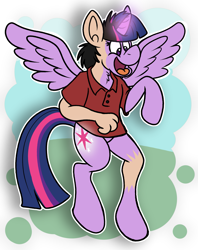 Size: 1677x2114 | Tagged: safe, artist:sketchymouse, twilight sparkle, alicorn, human, pony, g4, clothes, human to pony, mid-transformation, open mouth, open smile, outdoors, outline, shirt, smiling, solo, transformation, twilight sparkle (alicorn)