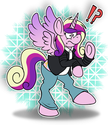 Size: 1588x1838 | Tagged: safe, artist:sketchymouse, princess cadance, alicorn, pony, g4, clothes, exclamation point, human to pony, interrobang, jacket, mid-transformation, outline, pants, question mark, solo, transformation