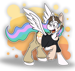 Size: 2223x2081 | Tagged: safe, artist:sketchymouse, princess celestia, alicorn, human, pony, g4, clothes, excited, high res, human to pony, mid-transformation, open mouth, open smile, outline, pants, shirt, smiling, solo, t-shirt, transformation