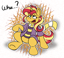 Size: 1611x1482 | Tagged: safe, artist:sketchymouse, sunset shimmer, pony, unicorn, g4, clothes, confused, furry to pony, horn, outline, scarf, shirt, sitting, solo, transformation