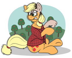 Size: 2463x1975 | Tagged: safe, artist:sketchymouse, applejack, earth pony, human, pony, g4, clothes, glasses, high res, human to pony, mid-transformation, outdoors, outline, plaid shirt, shirt, sitting, solo, transformation