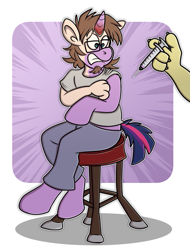 Size: 2153x2833 | Tagged: safe, artist:sketchymouse, discord, twilight sparkle, human, pony, unicorn, g4, high res, horn, human to pony, mid-transformation, offscreen character, outline, passepartout, sitting, stool, syringe, transformation