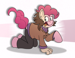 Size: 2768x2132 | Tagged: safe, artist:sketchymouse, pinkie pie, earth pony, human, pony, g4, all fours, clothes, excited, high res, human to pony, looking back, mid-transformation, open mouth, open smile, outline, smiling, solo, tail, transformation, twitchy tail