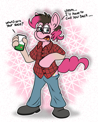 Size: 1725x2151 | Tagged: safe, artist:sketchymouse, pinkie pie, earth pony, human, pony, g4, cellphone, clothes, dialogue, glasses, human to pony, mid-transformation, phone, phone call, plaid shirt, shirt, smartphone, solo, standing, transformation